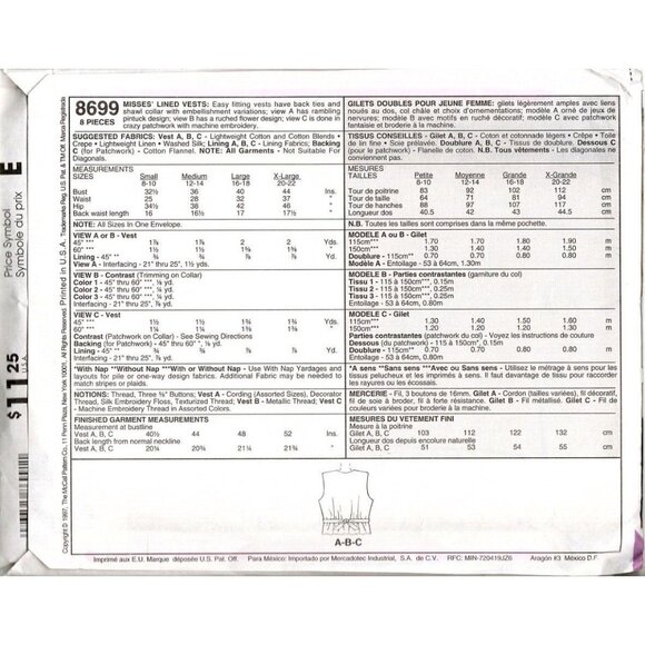 McCall's 8699 Misses S to XL Vintage Vest Uncut Sewing Pattern 1997 New - Picture 2 of 2